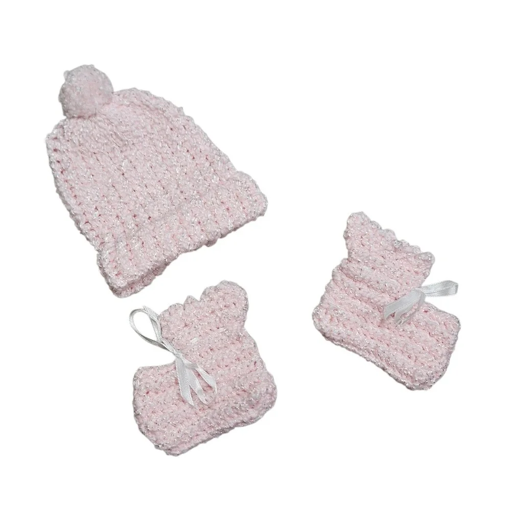 Baby Crochet Knit Hat Mittens Booties‎ Set Pink Sparkle Pom Pom Newborn Gift 0-6
